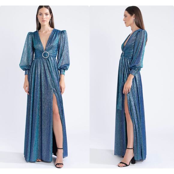NWT PatBo Crystal-Embellished Metallic Belted Lamé Maxi Dress Size 6 $895 - Picture 1 of 9